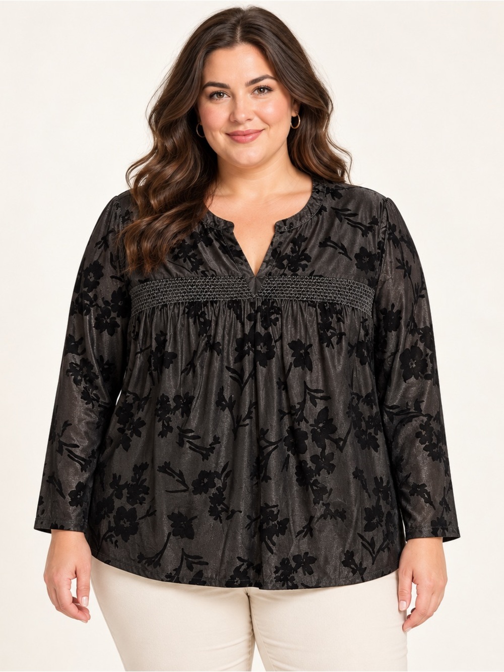 Daniel Rainn 1X Black Tonal Floral Smocked Long Sleeve Blouse
